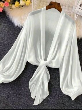 SHEIN, Ladies White Sheer Tie-Front Balloon Sleeve Kimono Blouse. NEW Size Large